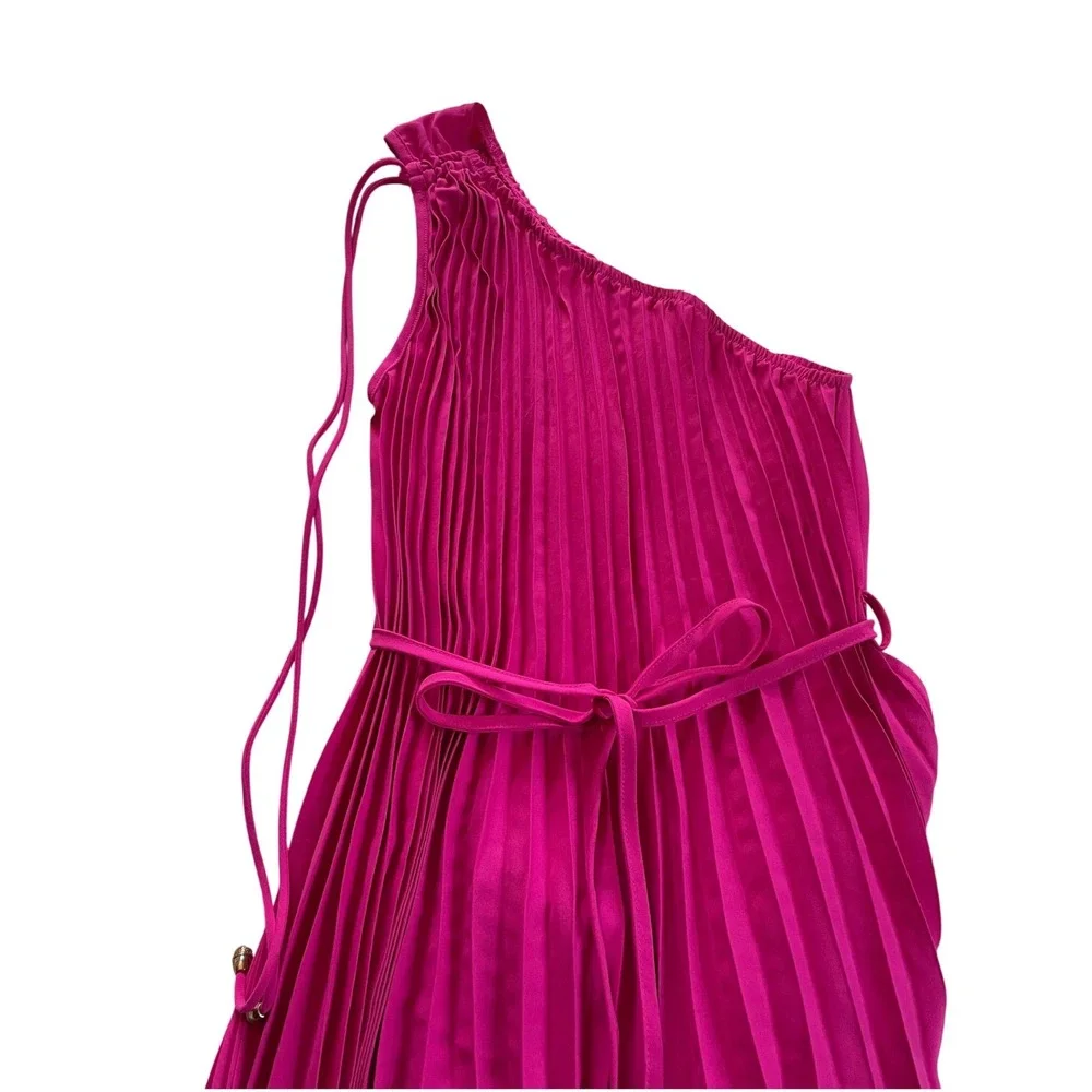 BTFBM Womens Hot Pink One Shoulder Pleated Maxi Dress Belted Size L NEW Formal - Picture 1 of 7